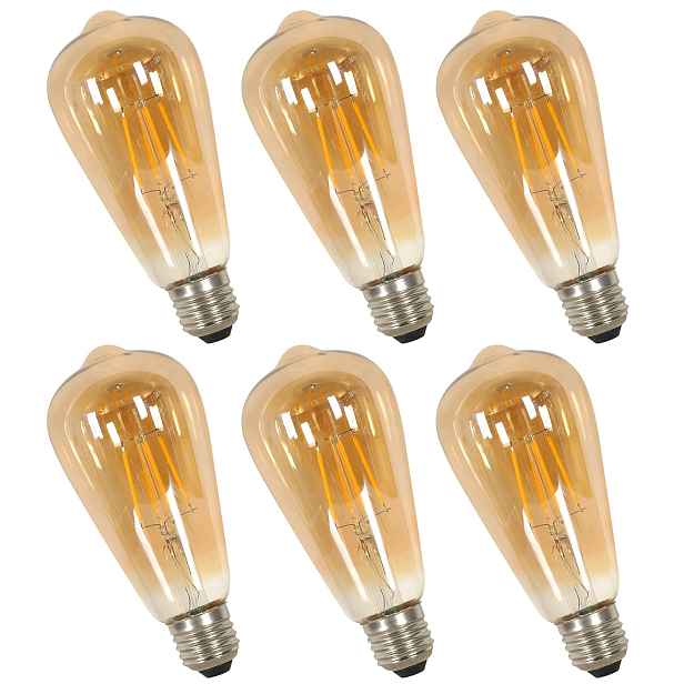 Sada 6 ks Led žárovek, skleněná, jantarová barva, patice E27, 4W, 400lm, 3000K, úhel svícení 270°