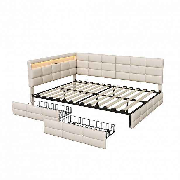 EuroLiving ČALOUNĚNÁ postel 140x190 cm, denní lůžko se 2 zásuvkami, LED a USB, manželská postel s čelem ve tvaru L, béžová