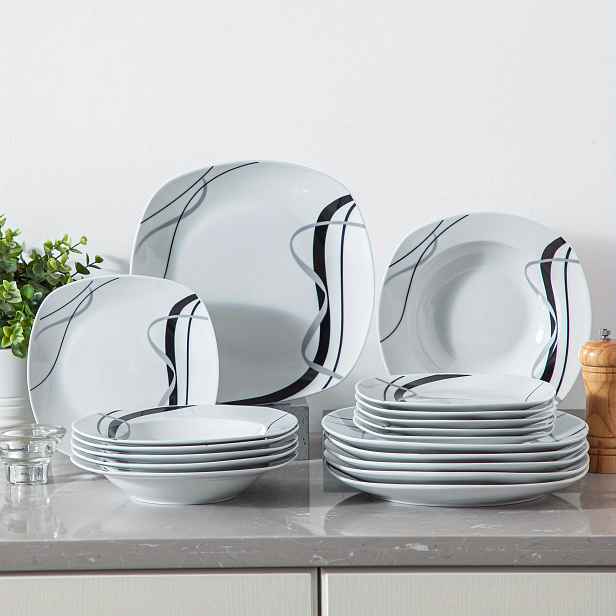 TEMU 18-dílná jídelní sada z porcelánu, slonová kost, černé linky, jídelní sada 6 * 9.75" talíř, 6 * 7.5" dezertní talíř, 6 * 8.5" polévkový talíř,