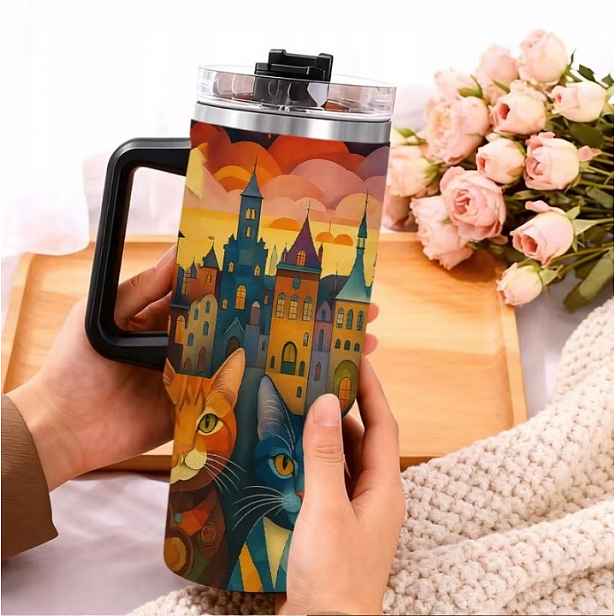 Termohrnek velká láhev na pití , barevné kočky, Pop Art, vtipný, 1200 ml