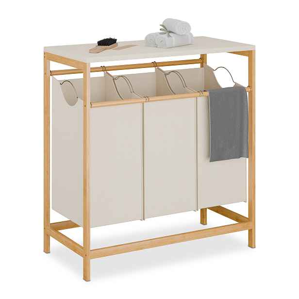 TEMU Regál na prádlo 3 vaky, vyjímatelné, 84.5 x 78.5 x 40 cm, bambus, bavlna a polyester, 3 vaky po 40 l, sklopná police, přírodní/krémová, do