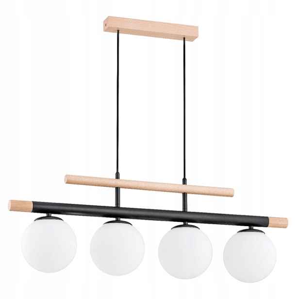 Závěsná lampa dřevěná, přírodní, černá, skleněné, bílé koule 4 body Alfa