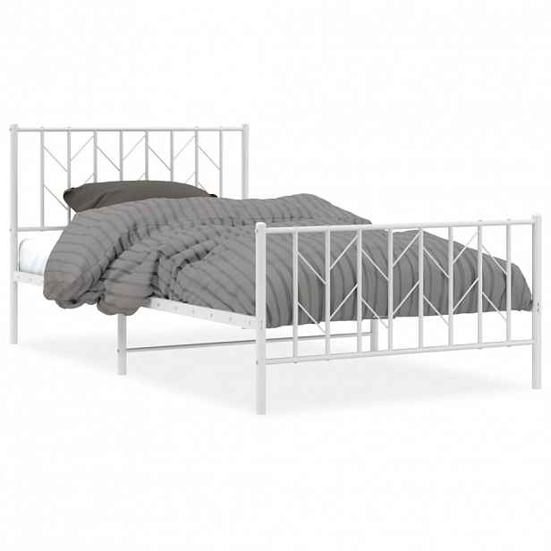 vidaXL Kovový rám postele s hlavovým a nožním čelem bílý 107 x 203 cm
