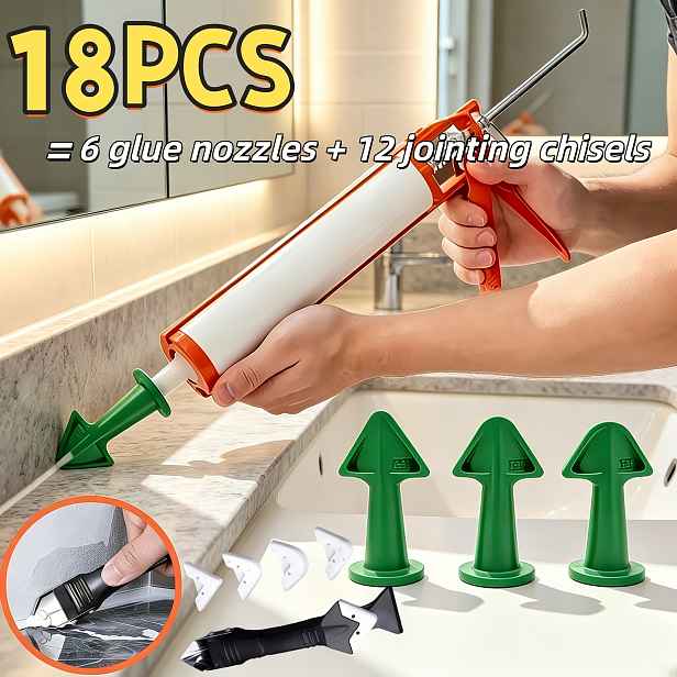 TEMU 18ks (6 lepicích trysek + 12 spojovacích dlát) Nástroje pro těsnění hran silikonovým tmelem, opakovaně použitelné, víceúhlové aplikační hlavy na