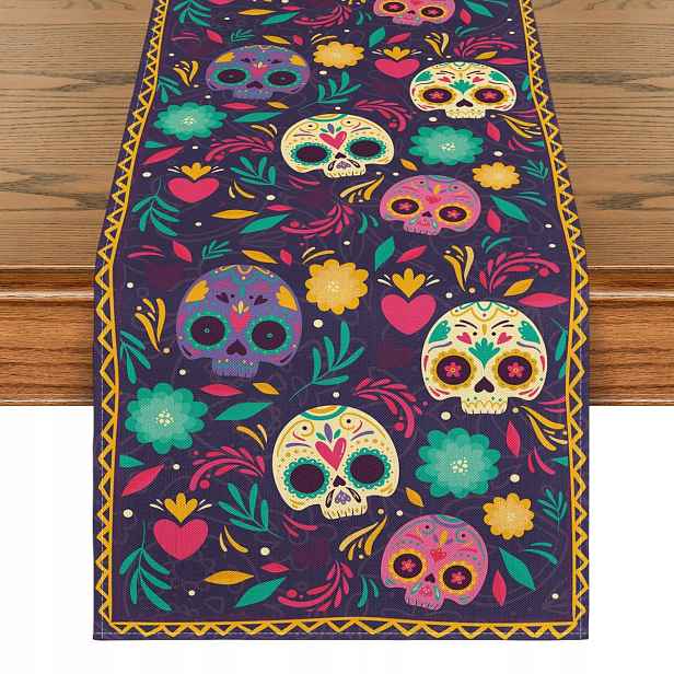 Běhoun Halloween 40X240 CM Lebky Květy Fialový Polyester