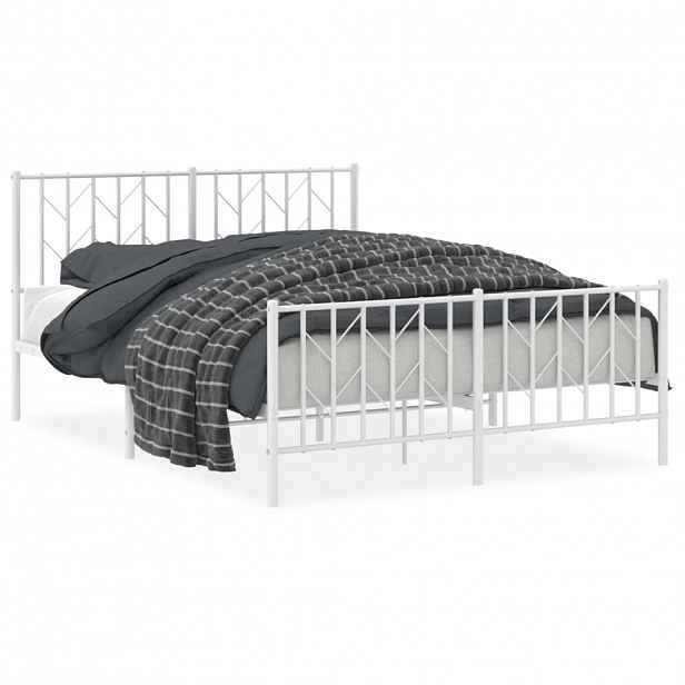 vidaXL Kovový rám postele s hlavovým a nožním čelem bílý 135 x 190 cm