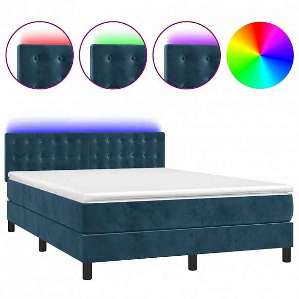 vidaXL Box spring postel s matrací a LED tmavě modrá 140x200 cm samet