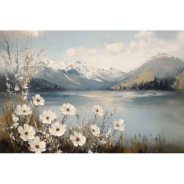 Fototapeta Flizelina Krajina Hory Jezero Bílé Květiny Jaro 368x254 130g