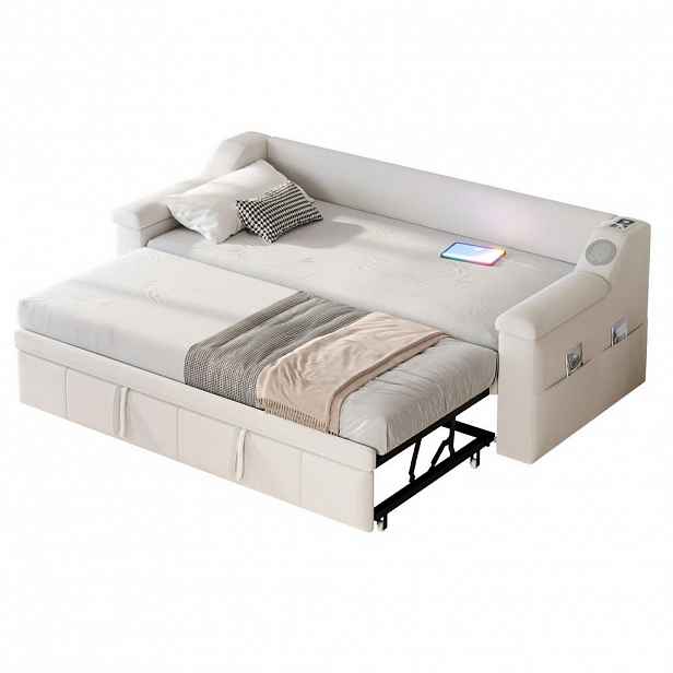 Modfu ROZKLÁDACÍ pohovka z čalounění 216x97x69 cm béžová s Bluetooth stereo systémem, USB porty a úložnými područkami