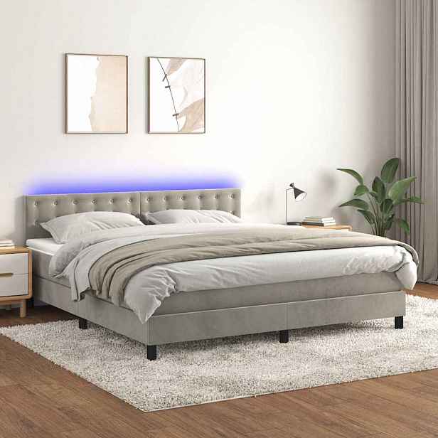 vidaXL Box spring postel s matrací a LED světle šedá 160x200 cm samet