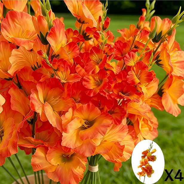 TEMU 4 ks oranžových gladiolů - umělé květiny - dekorace na stůl do obývacího pokoje a jídelního stolu, ozdoby s dlouhou stonkou, svatba, domov,