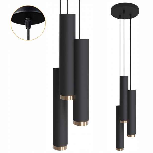 Led Závěsná Lampa tuba kulatá základna Trubka Závěs černo-zlatá