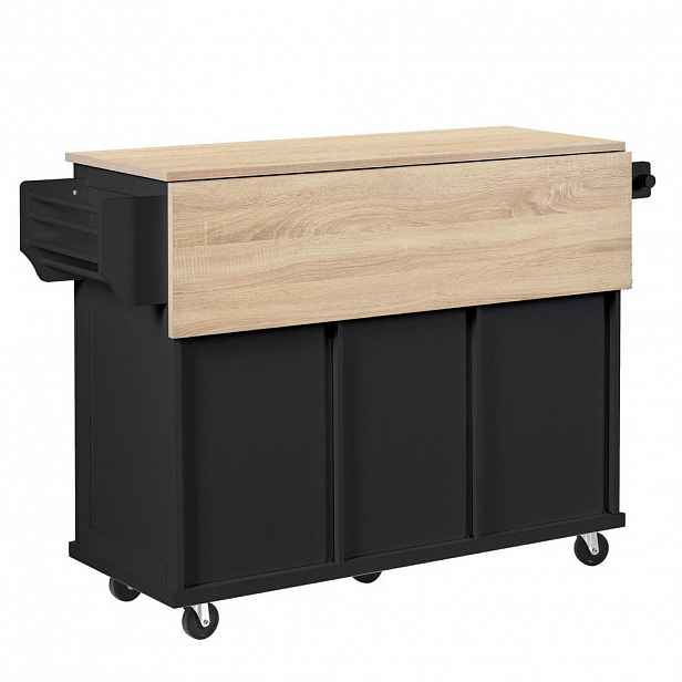 Modfu KUCHYŇSKÝ ostrůvek z MDF 112x46,2–76,2x92,7 cm černá/přírodní s výsuvnou deskou, zásuvkami a prostorem na odpad