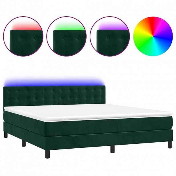 vidaXL Box spring postel s matrací a LED tmavě zelená 160x200 cm samet