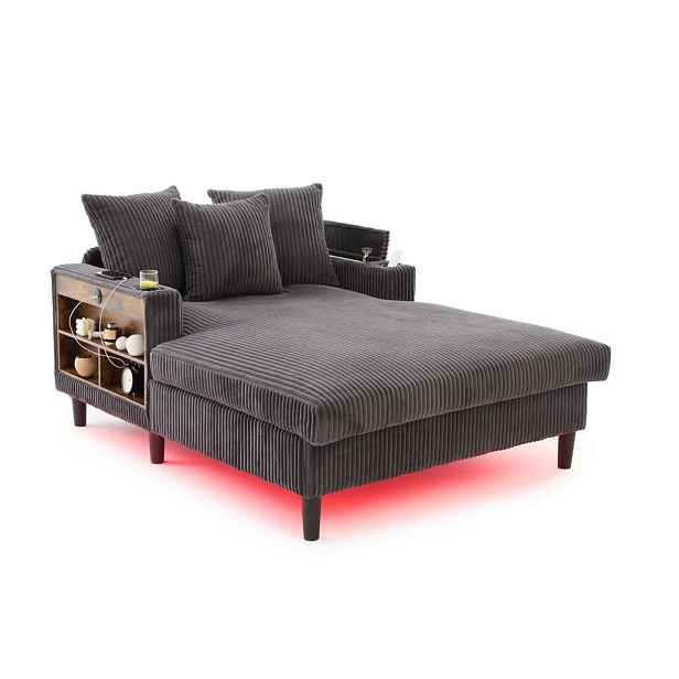 Modenvie ROZKLÁDACÍ pohovka z manšestru, 129 × 170 × 70 cm tmavě šedá, s LED, USB a úložným prostorem