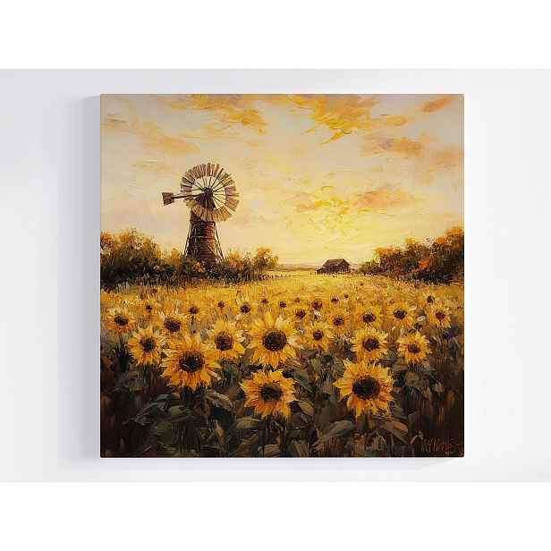 Obraz Na Plátně Canvas Krajina Vesnice Pole Slunečnice Květiny Ventilátor 50x50
