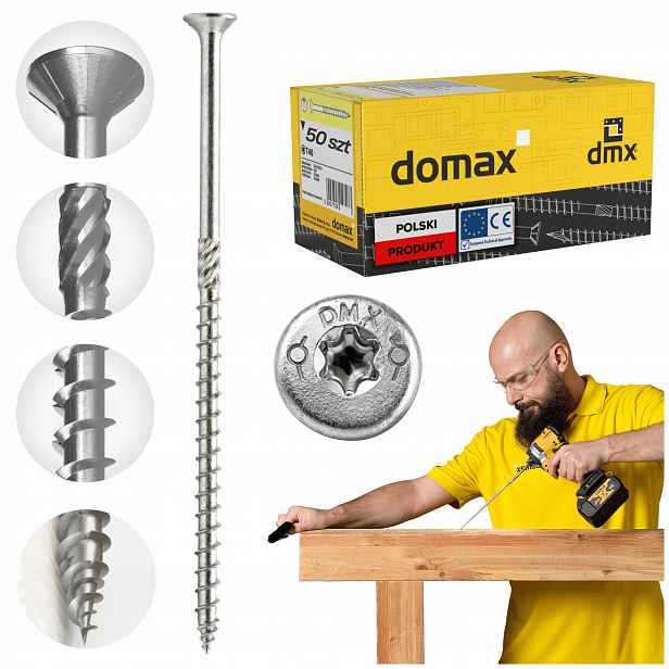 Tesařské Vruty 8x400 Kuželové Torx 50 ks Do Dřeva Domax Cs Stříbrné
