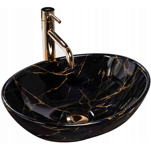 Umyvadlo Na Desku Černé Rea Sofia Black Marble Zlatá Oválná 40 cm Mramor