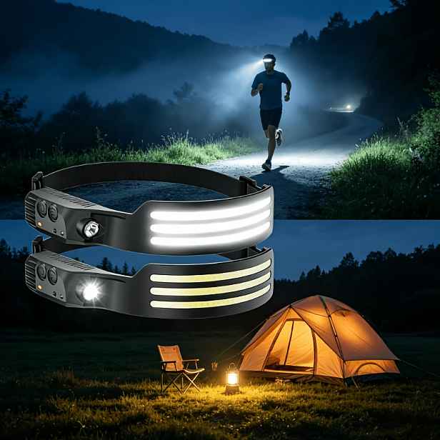 TEMU 2-balení dobíjecích outdoorových čelovek s LED čelovkami s pohybovým senzorem, vhodné pro kempování, turistiku, běh a rybaření. Jasné COB