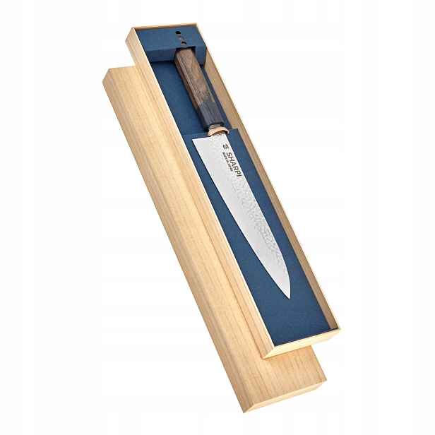 Japonský kuchyňský nůž Sharpi Gyuto 210 mm Damascus VG10 Tsuchime Pakka Wood