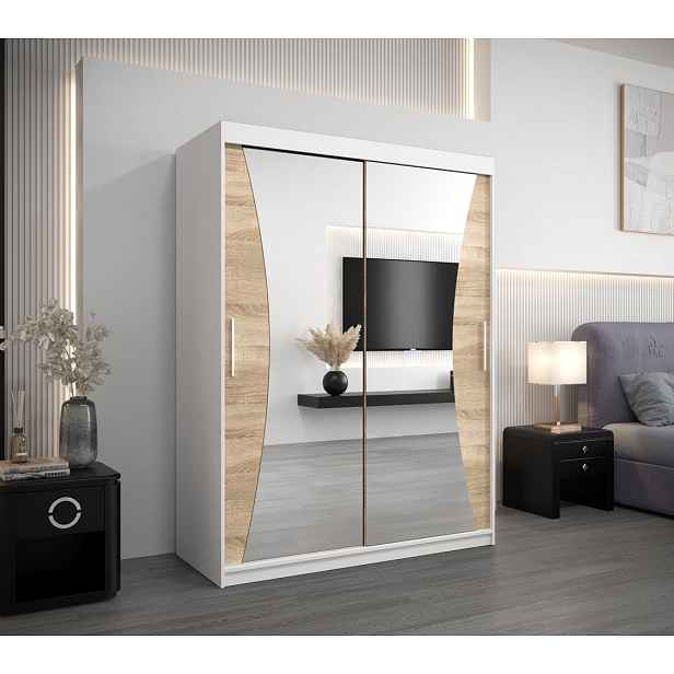 Šatní skříň se zrcadly LADA - šířka 150 cm, bílá / dub sonoma