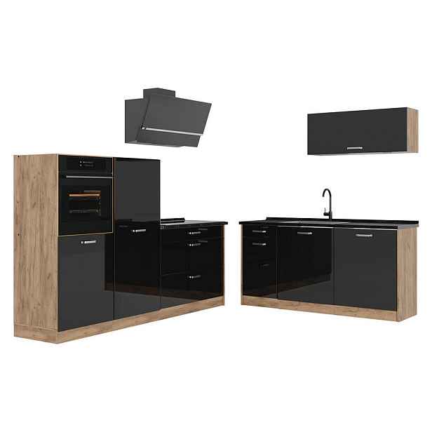 Vicco KUCHYŇSKÝ KOUT R-Line, Černý vysoký lesk/Zlatý mocný dub, 220 cm pracovná doska antracitová