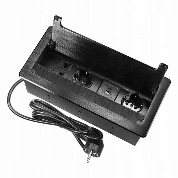 Zásuvka zapuštěná do pracovní desky, 1,5 m, 2x2P+Z (Schuko), 2xUSB, 2xNET, černá