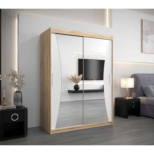 Šatní skříň se zrcadly LADA - šířka 150 cm, dub sonoma / bílá