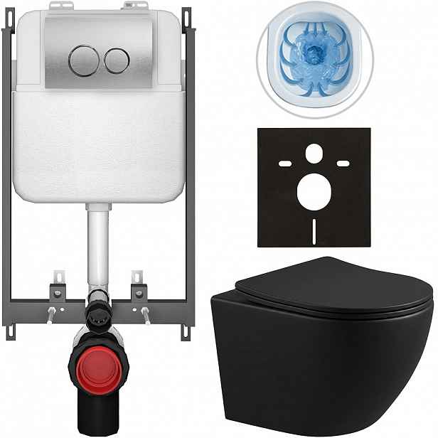 Kompletní WC set Basic/Cesso - černá matná - WC tlačítko Dualo/Stříbrná - pro zazdění - 49x36 cm - 8050BD86341