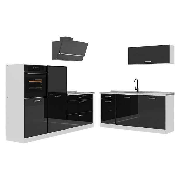 Vicco KUCHYŇSKÝ KOUT R-Line, Černý vysoký lesk/Bílá, 220 cm bez pracovní desky