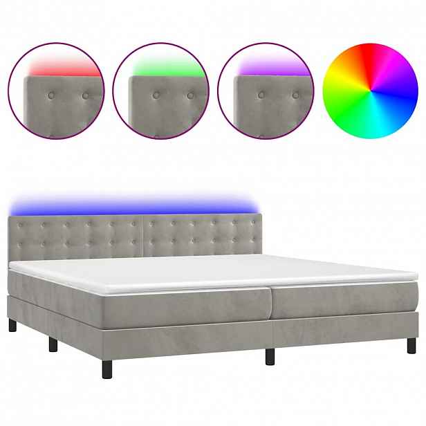 vidaXL Box spring postel s matrací a LED světle šedá 200x200 cm samet