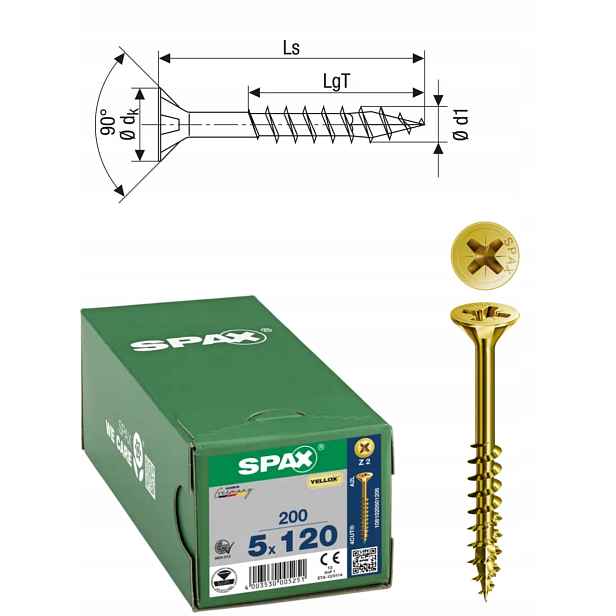 Univerzální šroub na dřevo (zlatý) Spax 5 x 120 mm Yello-x 200 ks