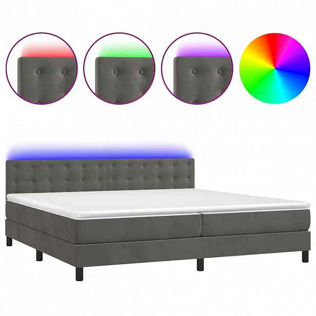 vidaXL Box spring postel s matrací a LED tmavě šedá 200x200 cm samet