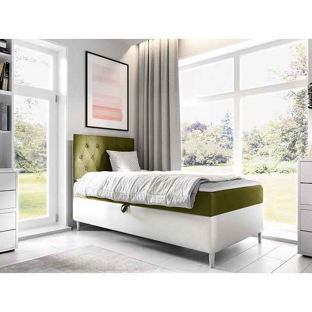 Boxspringová jednolůžková postel 100x200 PORFIRO 1 - bílá ekokůže / khaki, levé provedení + topper ZDARMA