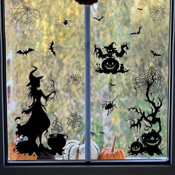 TEMU 2D Plochá Samolepící Dekorace na Okna s Čarodějnicí a Dýní – Odstranitelné Nálepky na Skleněné Dveře/Obývák/Lůžkovnice, Halloween Výzdoba 29×40