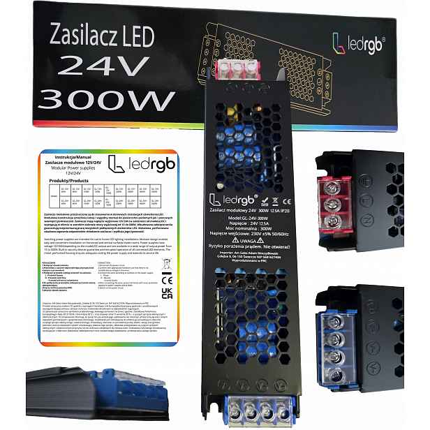 Montážní napájecí zdroj 24V 12.5A 300W Premium pro Led modulární Ac DC Slim Výkonný