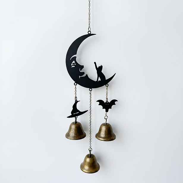 TEMU Temný gotický měsíční kovový zvonkohra ve tvaru kočky, dekorativní závěsná ozdoba s halloweenskou tématikou netopýra a čarodějnického klobouku,