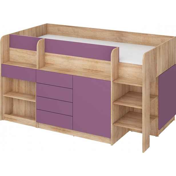 Multifunkční patrová postel ANSBERT, pravá, dub sonoma/fialová, 5 let záruka