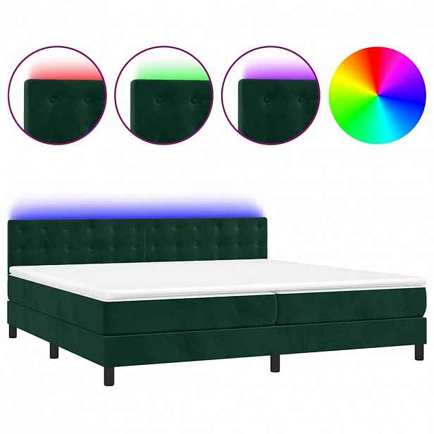 vidaXL Box spring postel s matrací a LED tmavě zelená 200x200 cm samet