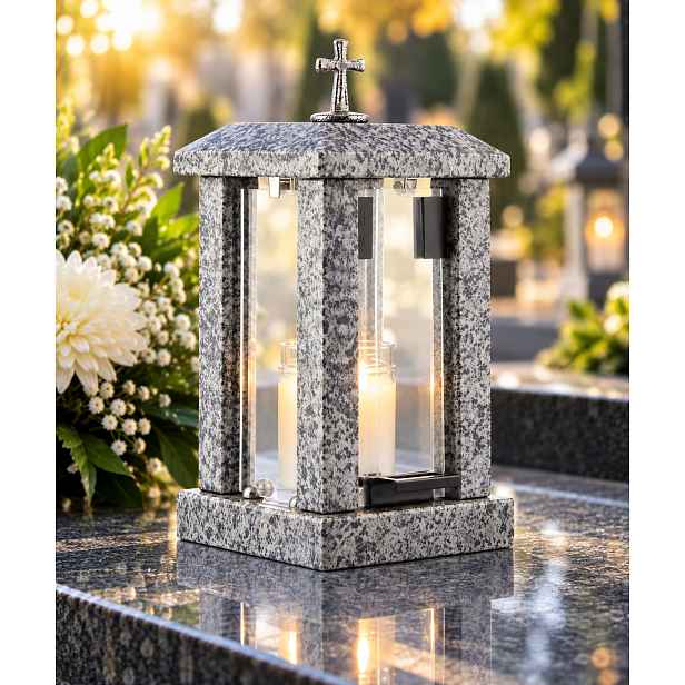 Granitová lampa Impala Šedá Hřbitovní Svíčka Náhrobní lampa Švéd kříž