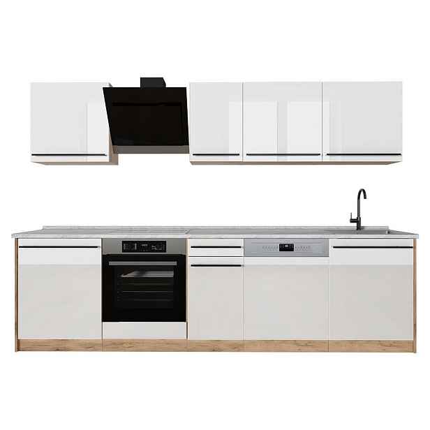 Vicco KUCHYŇSKÝ KOUT R-Line, Bílá vysoký lesk/Zlatý mocný dub, 280 cm pracovná doska Mramor