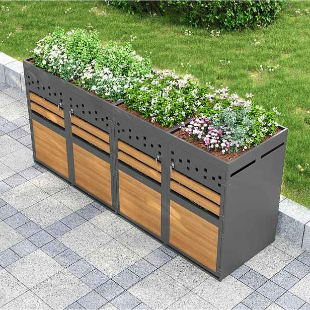 Modfu BOX na 4 popelnice z kovu 264x80x125 cm antracitová/přírodní s výsadbovým víkem, uzamykatelnými dvířky a možností rozšíření