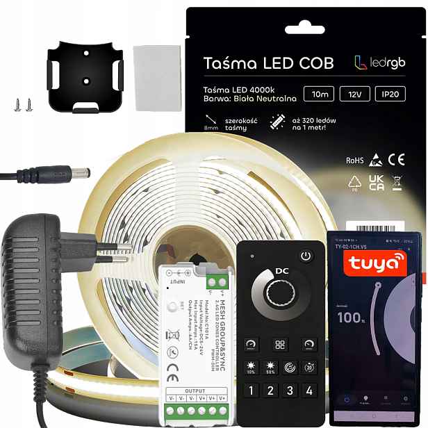 Sada Led pásků Cob 12V 10 m Bílá N. 4000K Napájecí Zdroj Tuya Bt Zóny Dálkový Ovladač