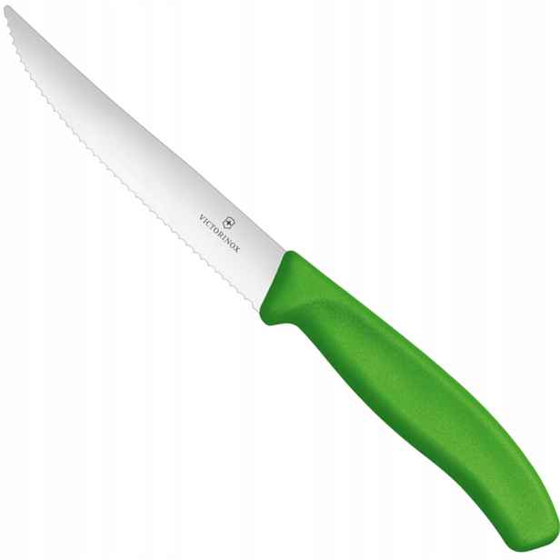 Nůž na steaky a pizzu, zoubkovaný s ostrou špičkou, délka čepele 120 mm celková délka 232 mm zelený