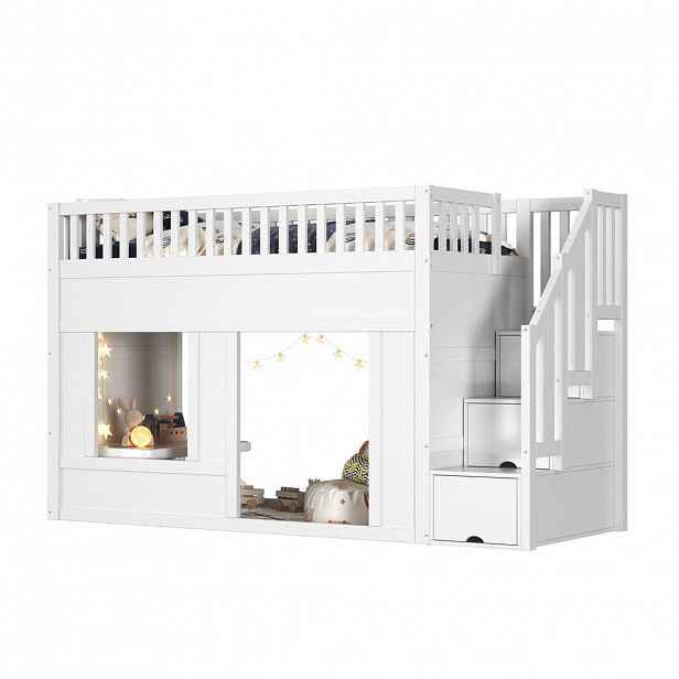 OKWISH PATROVÁ postel 90/200 cm bílá z masivního dřeva a MDF se schodišťovou skříňkou