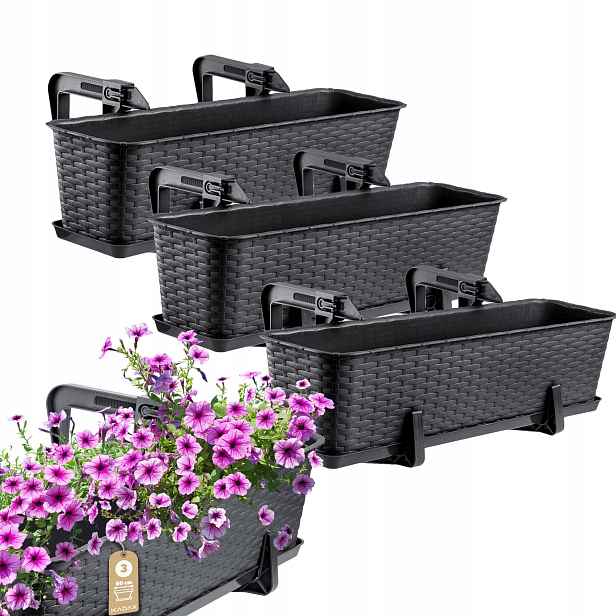 Balkonový Truhlík Květináč 60 cm Antracit Úchytky Podstavec 3ks