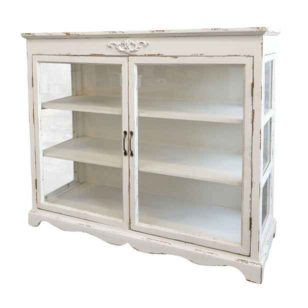 Krémová dřevěná komoda s prosklenými dvířky Old Carin - 106*39*87cm Chic Antique