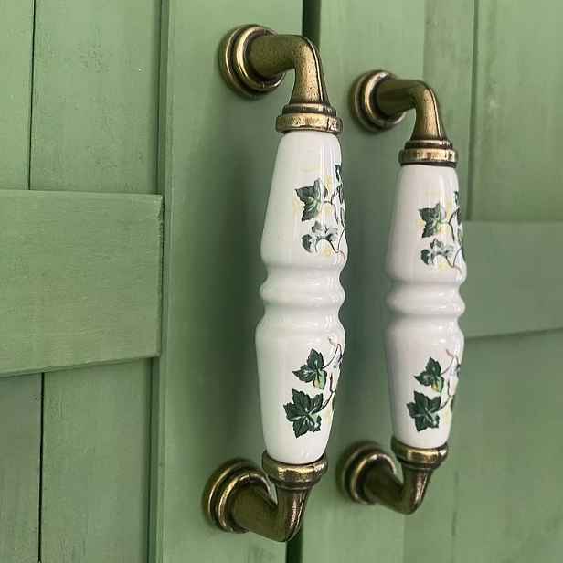 TEMU Keramická knoflíková páčka ve vintage stylu, zelenohnědý květinový design, starožitná bronzová koncovka, vhodná pro rustikální nábytek, včetně