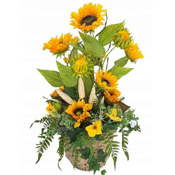 Umělé květy slunečnice, pletený košík 65 cm.
