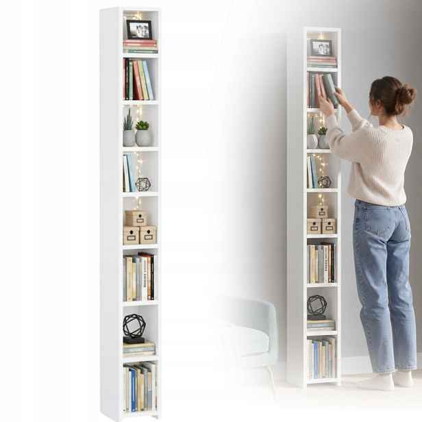 Regál Na Knihy Úzký Sloupek Bílý Mat 182 CM 8 Polic 20 CM
